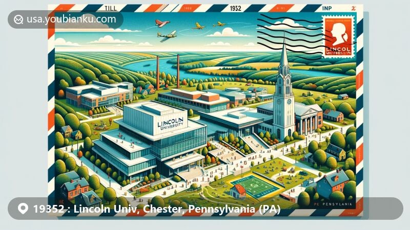 Contemporary illustration of Lincoln University, Pennsylvania, featuring science center, student union, and local scenery, with airmail envelope and ZIP code 19352.
