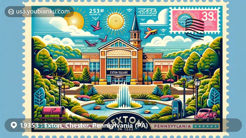 Modern illustration of Exton, Chester County, Pennsylvania, featuring Exton Square Mall, Miller Park's greenery, and postal elements like vintage postcard layout and classic mailbox, capturing the area's culture and landmarks with ZIP code 19353.