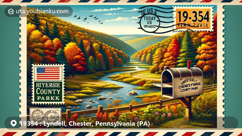 Modern illustration of Lyndell, Chester County, Pennsylvania, showcasing postal theme with ZIP code 19354, featuring scenic beauty of Hibernia County Park in autumn.