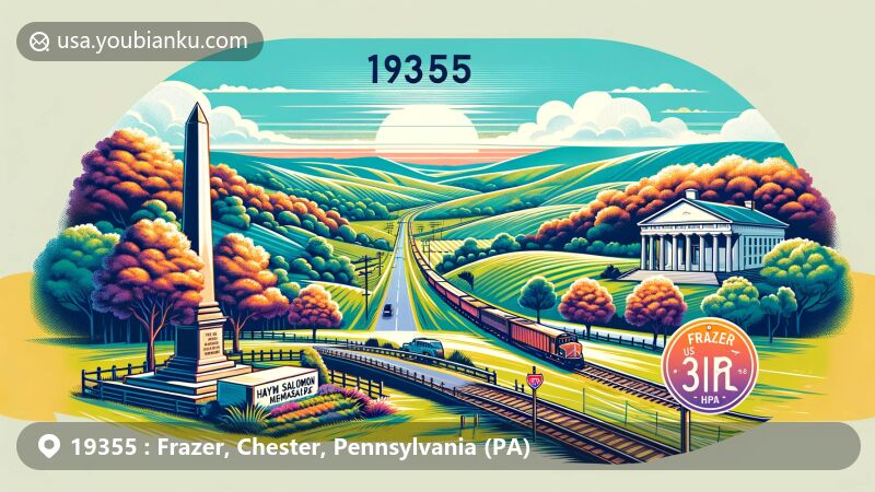 Modern illustration of Frazer, Chester County, Pennsylvania, featuring Haym Salomon Memorial Park with rolling hills and tranquil environment, Paoli Massacre monument, railroad, and US 30 highway.