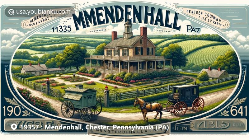 Modern illustration of Mendenhall area, Chester County, Pennsylvania, with postal theme showcasing ZIP code 19357, highlighting Springdale Farm and Mendenhall Inn.