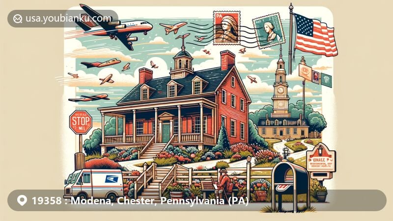 Modern illustration of Modena, Chester County, Pennsylvania, showcasing postal theme with ZIP code 19358, featuring Mode House and Valley Forge National Historical Park.