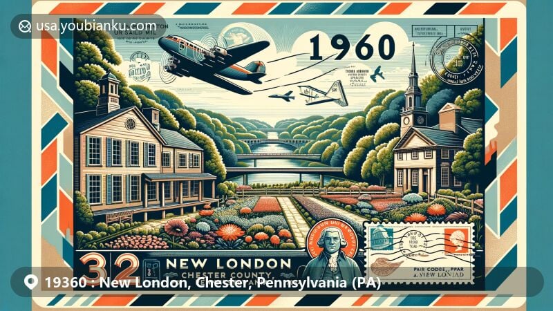 Modern illustration of New London, Chester County, Pennsylvania, blending postal and regional themes, featuring Thomas McKean, the William Brinton 1704 House, Valley Forge National Park, and lush Chester County landscapes.