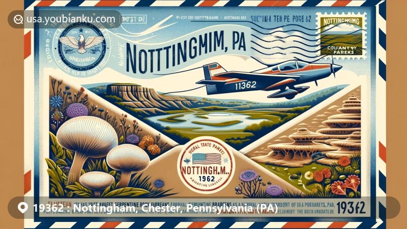 Modern illustration of Nottingham, PA, focusing on the natural beauty of Nottingham County Park, featuring serpentine barrens, wildflowers, and chromite mining history, with an aviation-themed envelope and ZIP code 19362.