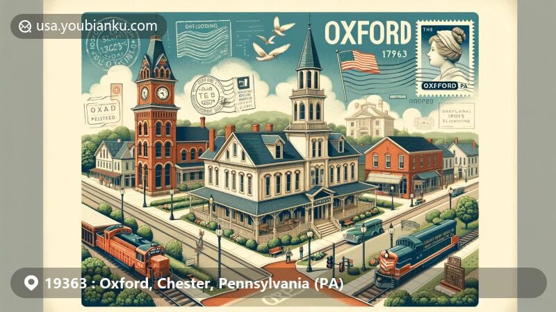 Creative illustration of Oxford Historic District in Chester County, Pennsylvania, featuring Queen Anne and Italianate architectural styles, Oxford Town Clock, and nostalgic postal elements with ZIP code 19363.