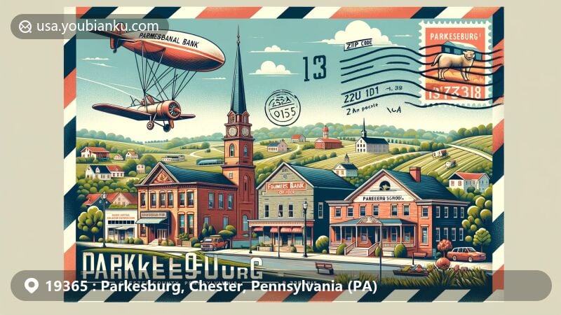 Modern illustration of Parkesburg, Chester County, Pennsylvania, featuring Parkesburg National Bank, Farmers Bank of Parkesburg, and Parkesburg Arms Hotel, along with rural scenery and airmail envelope with '19365' ZIP Code.