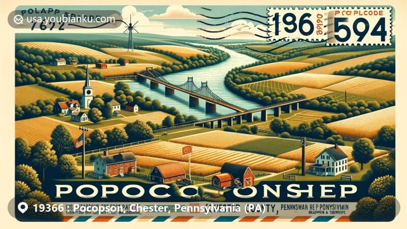 Vintage-style illustration of Pocopson, Chester County, Pennsylvania, featuring zipcode 19366, showcasing natural beauty, rural character, Lenape Bridge, rolling hills, farms, and historic charm.