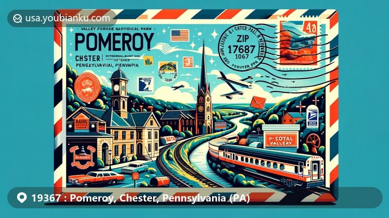 Creative depiction of Pomeroy, Chester, PA, featuring Valley Forge National Historical Park and Pomeroy and Newark Railroad, with a postal theme. Envelope design with ZIP Code '19367', postage stamps, postmarks, mailbox, and postal van.