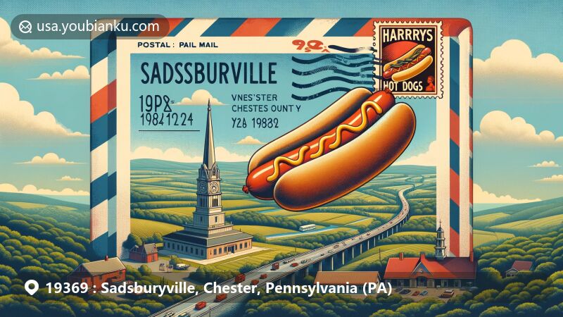 Modern illustration of Sadsburyville, Pennsylvania, featuring vintage air mail envelope with Harry's Hotdogs postage stamp, highlighting Lincoln Highway and rural landscapes of Chester County.