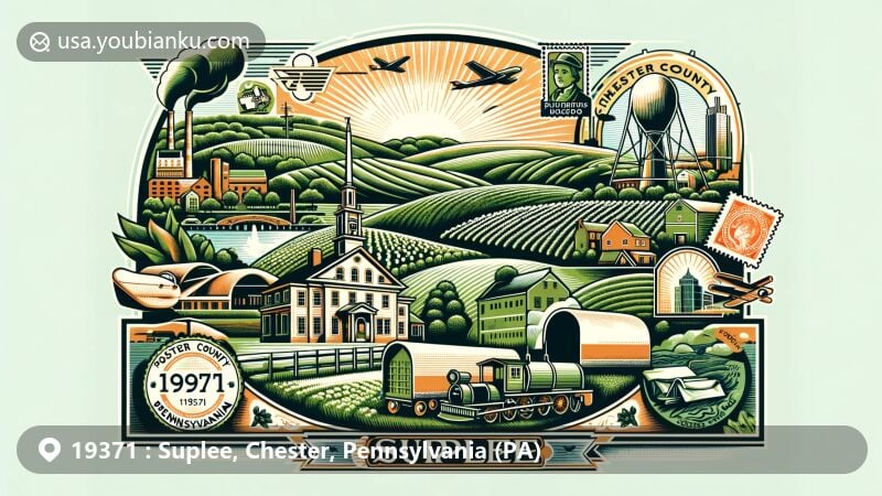 Modern illustration representing Suplee, Chester County, Pennsylvania, with postal code 19371, featuring rolling hills, farmland, mushroom cultivation, Phoenix Iron Company, postal theme with landmarks like William Brinton 1704 House and Longwood Gardens.