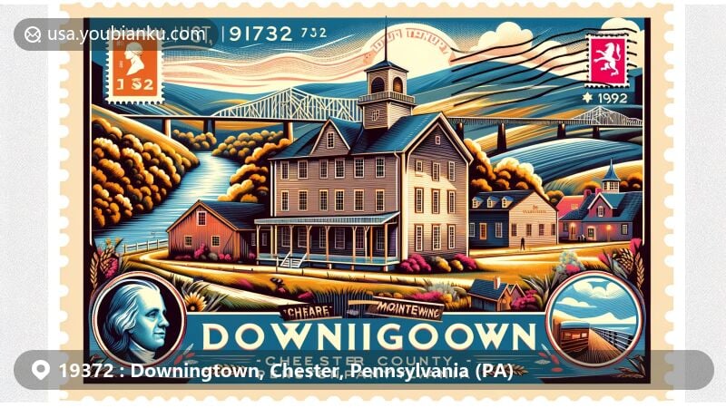 Modern illustration of Downingtown, Chester County, Pennsylvania, showcasing postal theme with ZIP code 19372, featuring Downingtown Log House and Victory Brewing Company.