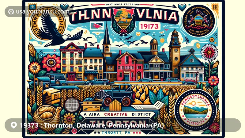 Modern illustration of Thornton, PA, Delaware County, Pennsylvania, highlighting ZIP code 19373 and Thornton Village Historic District, incorporating Pennsylvania state symbols like state coat of arms, bird, and tree.