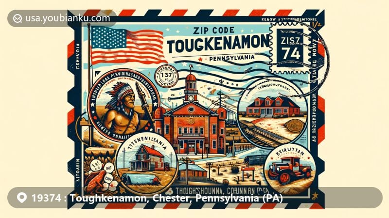 Modern illustration of Toughkenamon, Pennsylvania, with postal theme for ZIP code 19374, showcasing rich history, Lenape Native American connection, industrial past, and location on Baltimore Pike.