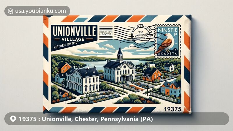 Modern illustration of Unionville Village Historic District, Chester County, Pennsylvania, featuring historic buildings like Unionville Academy, set in picturesque rural landscape, presented as an airmail envelope with ZIP code 19375, including postage stamp of notable landmark, and simulated postmark.