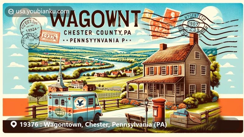 Modern illustration of Wagontown, Chester County, Pennsylvania, showcasing natural beauty and historical landmarks like Hibernia House, Valley Forge National Historical Park, Longwood Gardens, and Hopewell Furnace National Historic Site, framed as a postcard with vintage postal elements.