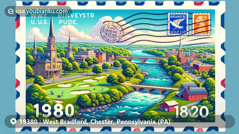 Vibrant illustration of the 19380 area, showcasing Brandywine River, Broad Run Golfer's Club, and West Chester Downtown Historic District with U.S. Post Office and St. Agnes Church.