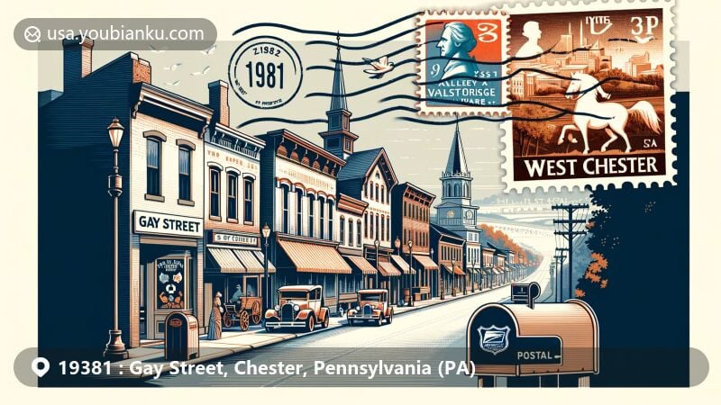 Modern illustration of Gay Street, West Chester, Pennsylvania, blending small-town charm with postal elements, featuring Valley Forge National Historical Park landmark.