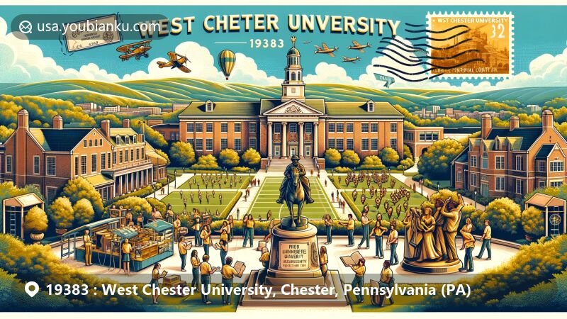 Modern illustration of West Chester University in Chester County, Pennsylvania, showcasing vibrant student life, picturesque landscape, and rich history, with elements representing academic excellence and athletic achievements, including postal theme with ZIP code 19383.