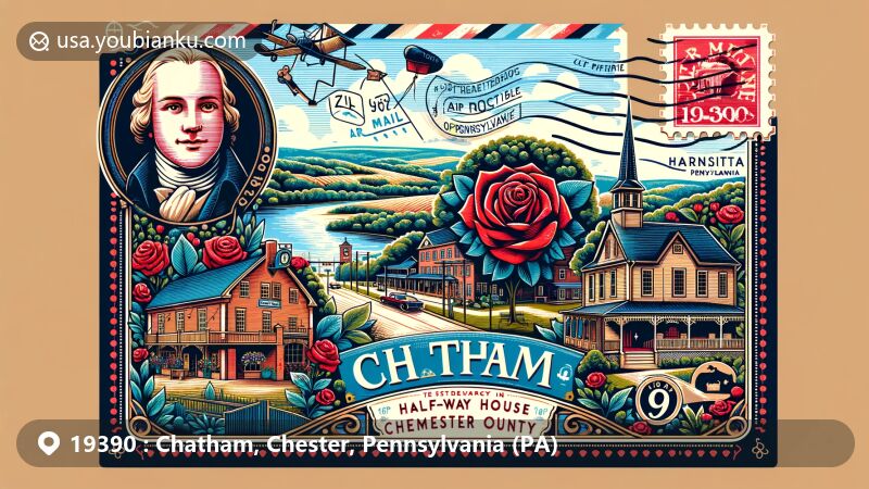 Modern illustration of Chatham, Chester County, Pennsylvania, with historic Half-Way House tavern, portrait of William Pitt, Red Rose Inn, vintage postage stamp, air mail envelope, postmark, and lush landscapes embodying the area's heritage and natural beauty.