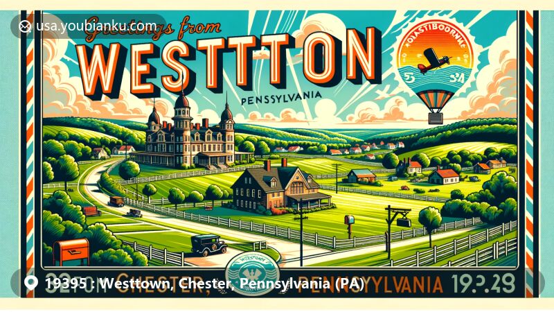 Modern illustration of Westtown, Chester County, Pennsylvania, portraying ZIP code 19395 with retro airmail border, merging contemporary elements and nostalgic charm.