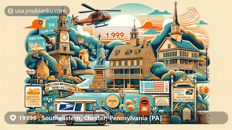 Modern illustration of Southeastern, Chester, Pennsylvania, highlighting postal theme with ZIP code 19399, featuring iconic landmarks and postal motifs.