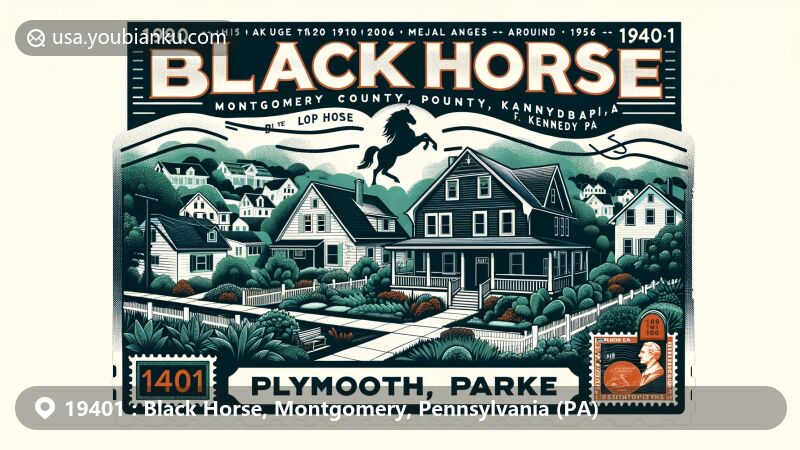 Modern illustration of Black Horse area, Montgomery County, Pennsylvania, spotlighting postal theme with ZIP code 19401, featuring Black Horse Inn and Pennsylvania state emblems.