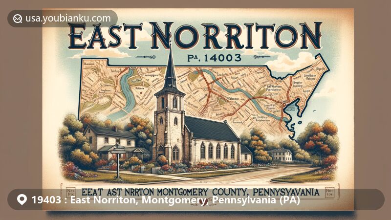Artistic depiction of East Norriton, Montgomery County, Pennsylvania, centering on ZIP code 19403, highlighting the Old Norriton Presbyterian Church, capturing the region's cultural spirit with a watercolor-style design.