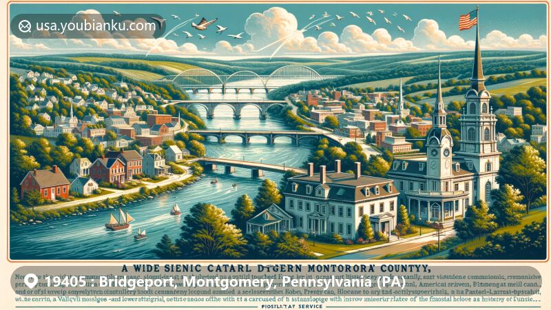 Modern illustration of Bridgeport, Montgomery County, Pennsylvania, blending scenic location along the Schuylkill River with local cultural charm, portraying the inseparable natural and cultural essence. Greenery and water around reflect the tranquil community vibe, highlighting the significant Valley Forge National Historical Park in regional culture. Postal elements like vintage postcards, postal flags, and a custom stamp representing ZIP code 19405 are incorporated, symbolizing the historical and modern blend.