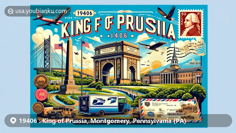 Modern illustration of King of Prussia, Montgomery, Pennsylvania area with National Memorial Arch and Valley Forge National Historical Park, representing Revolutionary War history. Includes King of Prussia Mall and postal elements like airmail envelope, stamp, postage marking, and postal truck.
