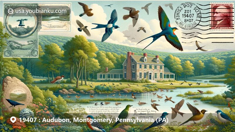 Artistic representation of the Audubon area in Montgomery County, Pennsylvania, showcasing Mill Grove, the historic home of John James Audubon and its diverse avifauna, integrated with postal elements like a postcard stamp and ZIP Code 19407.