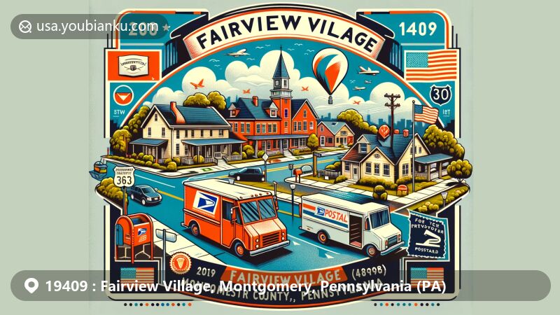 Modern illustration of Fairview Village, Montgomery County, Pennsylvania, depicting ZIP code 19409 and featuring Pennsylvania state flag, Montgomery County map outline, vintage postcard elements, postal symbols, and vibrant design.