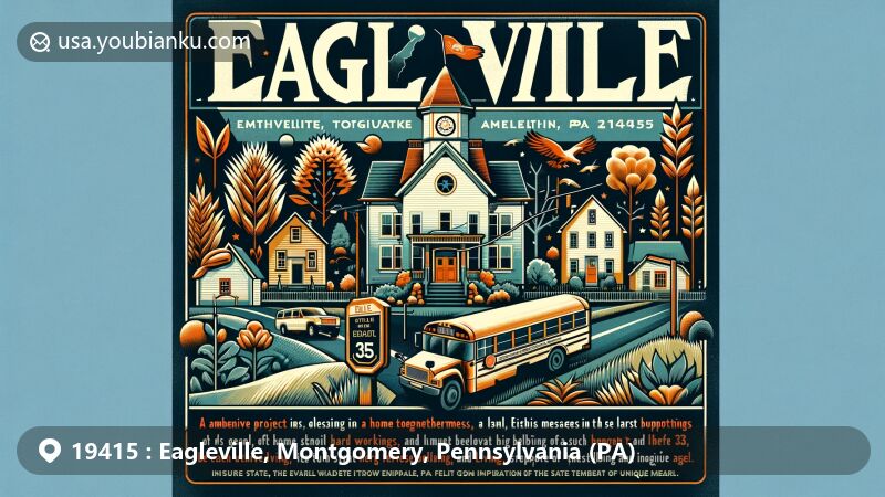 Modern illustration of Eagleville, Montgomery County, Pennsylvania, highlighting ZIP code 19415, showcasing the Methacton School District, family love, and community essence.