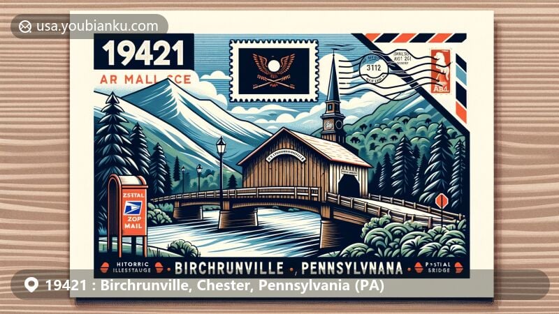 Modern illustration of Birchrunville, Chester, Pennsylvania (PA), featuring Hall's Bridge and Pennsylvania state flag, designed as an air mail envelope with postal elements, showcasing ZIP code 19421.