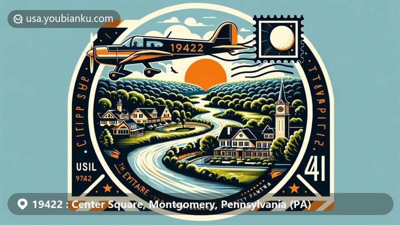 Modern illustration of Center Square, Whitpain Township, Montgomery County, Pennsylvania, featuring postal theme with ZIP code 19422, showcasing Wissahickon Creek, Blue Bell Country Club, Blue Bell Inn, and Broad Axe Tavern.