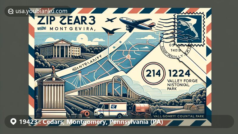 Modern illustration of Cedars, Montgomery, Pennsylvania, showcasing postal theme with ZIP code 19423, featuring Pennsylvania state flag and National Memorial Arch of Valley Forge National Historical Park.