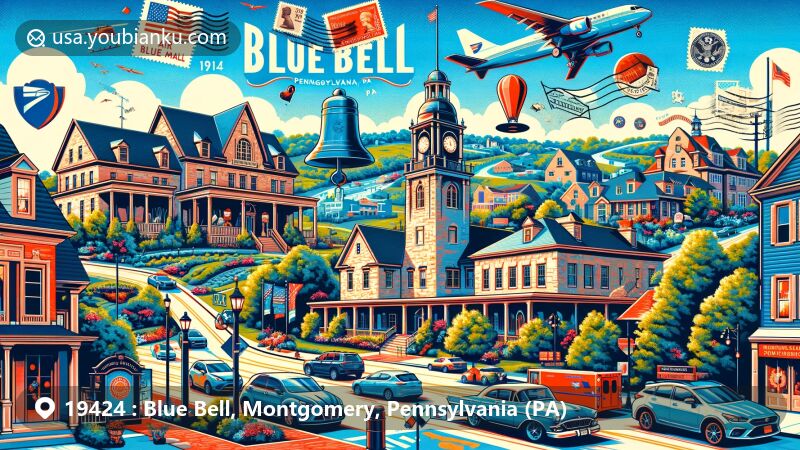 Modern illustration of Blue Bell, Montgomery County, Pennsylvania, with postal theme for ZIP code 19424, featuring iconic Blue Bell Inn and Montgomery County Community College.
