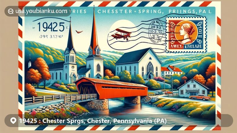 Modern illustration of Yellow Springs Village, Chester Springs, PA, featuring iconic landmarks St. Peter's United Church of Christ, St. Peter's Evangelical Lutheran Church, Larkin Covered Bridge, and The Mill at Anselma, with postal elements like air mail envelope and postage stamp.