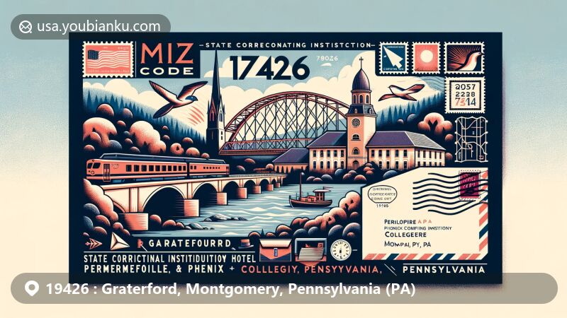 Modern illustration of Graterford and Collegeville, Montgomery County, Pennsylvania, with postal theme highlighting ZIP code 19426, showcasing Perkiomen Bridge, Perkiomen Bridge Hotel, and State Correctional Institution - Phoenix.
