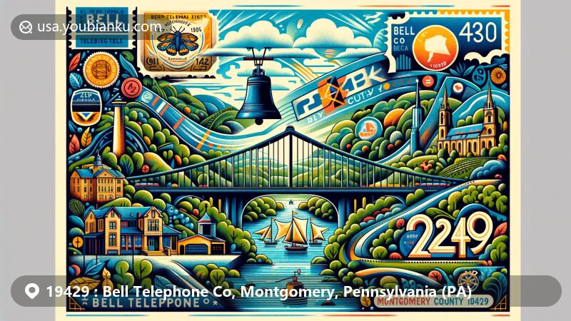 Modern illustration of Bell Telephone Co area in Montgomery County, PA, inspired by ZIP code 19429, showcasing Bryn Athyn Historic District, Bryn Athyn-Lower Moreland Bridge, and diverse county geography.