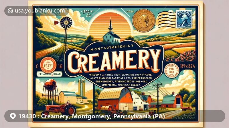 Modern illustration of Creamery, Pennsylvania, fusing natural and cultural themes in a vintage postcard style. Featuring county map silhouette, agricultural symbols, Pennsylvanian references, and a glimpse of rural life.