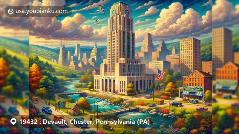 Modern illustration of Devault, Chester County, Pennsylvania, representing U.S. ZIP code 19432 with Art Deco Warner Block, Beaux-Arts Post Office, and Pennsylvania state symbols.