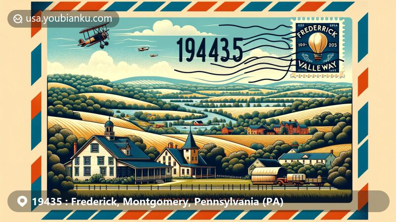 Modern illustration of Frederick, Montgomery County, Pennsylvania, depicting Upper Perkiomen Valley Park and historic inns, highlighting rural landscape and agricultural heritage, enclosed in an airmail envelope with ZIP code 19435.