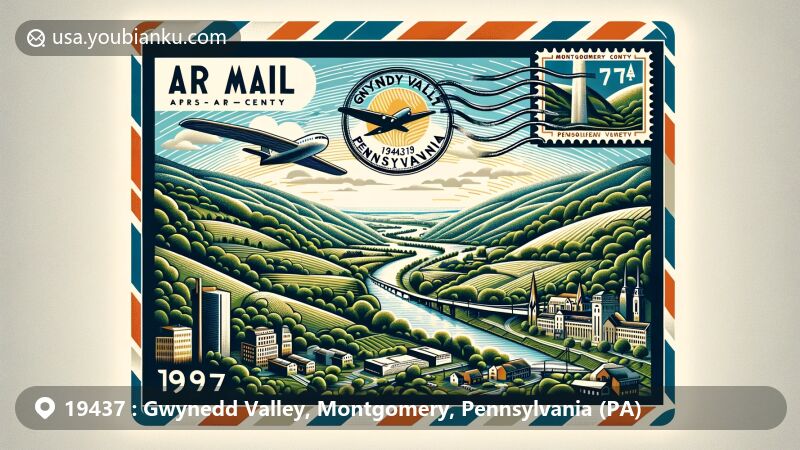 Modern illustration of Gwynedd Valley, Pennsylvania, showcasing a stylized air mail envelope with '19437' ZIP Code, featuring Gwynedd Mercy University, Wissahickon Creek, and the natural beauty of the region.