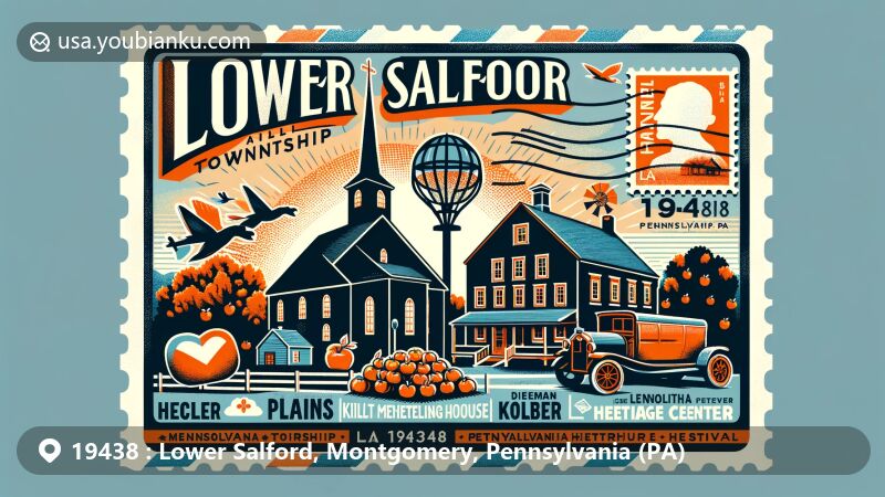Vintage air mail envelope design featuring Lower Salford Township, Pennsylvania, with historic landmarks like Heckler Plains farmstead, Klein Meetinghouse, and Dielman Kolb Homestead. Represents rich history and Pennsylvania Dutch culture with Mennonite Heritage Center and apple butter festival elements, highlighted by 'Lower Salford Township' and ZIP code '19438'. Vibrant and eye-catching illustration.