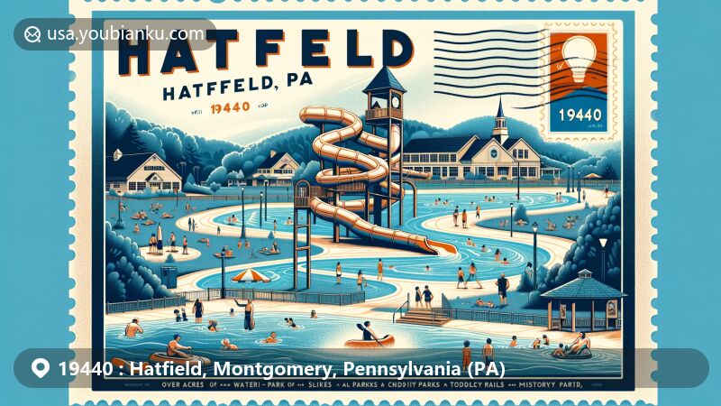 Contemporary illustration of Hatfield, Montgomery, Pennsylvania, featuring historic bridge, emblematic of the area's identity, with unique postcard design for ZIP code 19401.