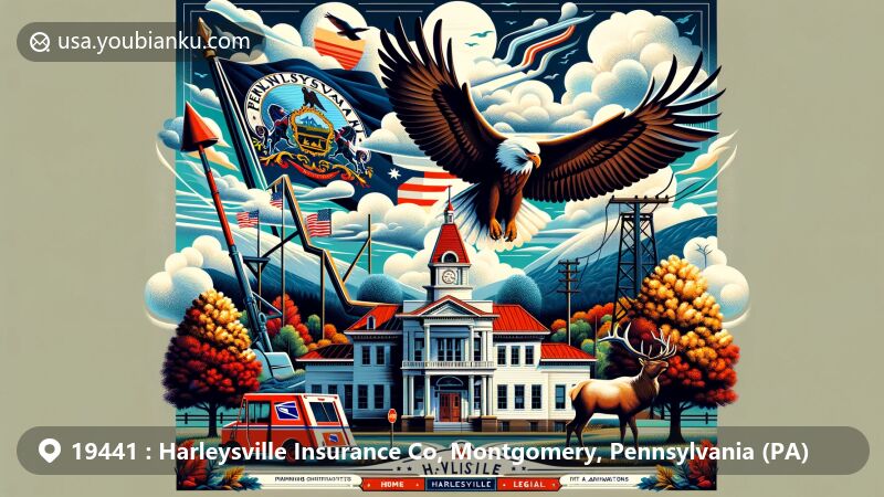 Modern artistic postcard design inspired by Harleysville Insurance Co in Montgomery, Pennsylvania, highlighting the area's postal heritage with '19441' ZIP code motif, USPS truck, and Pennsylvania state symbols.