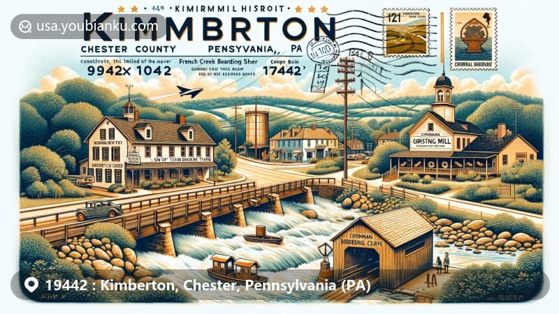 Modern illustration of Kimberton, Chester County, Pennsylvania, featuring ZIP code 19442, showcasing historic landmarks like Kimberton Village Historic District and Rapps Bridge, with elements of the 'Sign of the Bear' tavern, Chrisman grist mill, French Creek Boarding School, and Camphill Café.