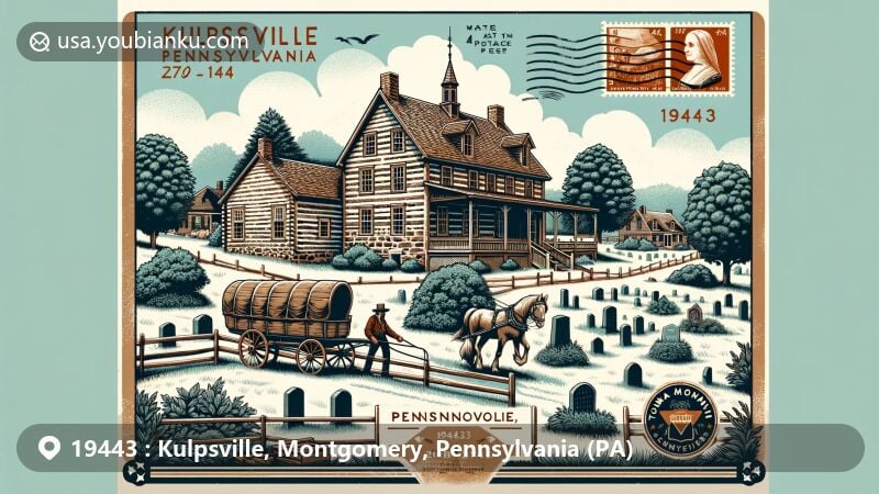 Modern illustration of Kulpsville, Montgomery County, Pennsylvania, with ZIP code 19443, featuring Edward Morgan House and Towamencin Mennonite Cemetery.