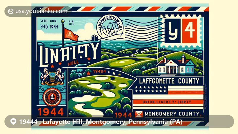 Modern illustration of Lafayette Hill, Montgomery County, Pennsylvania, featuring postcard design with state flag, Montgomery County outline, Union League Liberty Hill golf course, postal elements, and ZIP Code 19444.