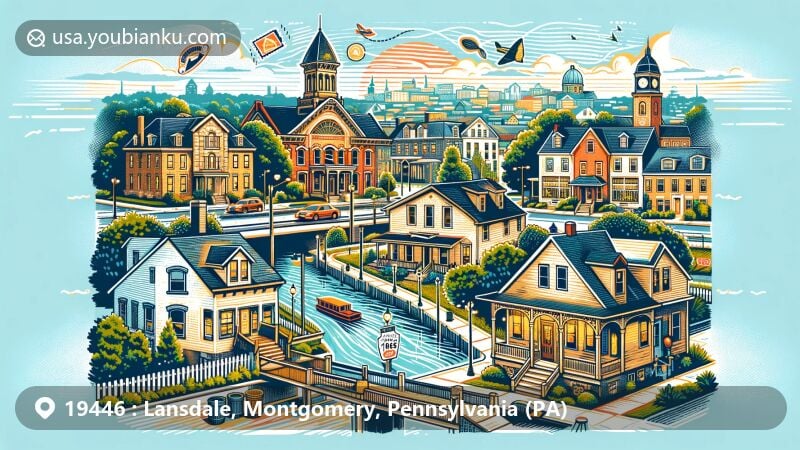 Modern illustration of Lansdale, Montgomery County, Pennsylvania, showcasing historic and community spirit of 19446 ZIP code area with diverse architecture from 1850s to present.